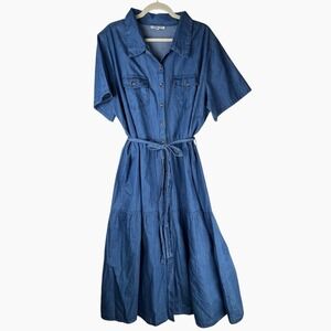 Speed Limit Dress Womens 2X Blue Chambray Denim Tiered Peasant Cottagecore Belt